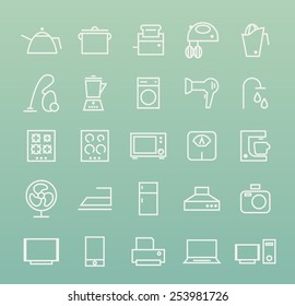 Set of Quality Universal Standard Minimal Simple White Home Appliances Thin Line Icons on Color Background.