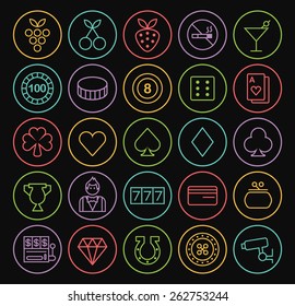 Set of Quality Universal Standard Minimal Simple Colored Neon Casino Thin Line Icons on Circular Buttons on Black Background.