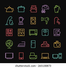 Set of Quality Universal Standard Minimal Simple Colored Neon Home Appliances Thin Line Icons on Black Background.