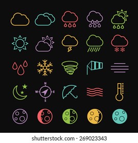 Set of Quality Universal Standard Minimal Simple Colored Neon Weather Thin Line Icons on Black Background.