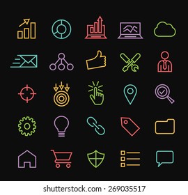 Set of Quality Universal Standard Minimal Simple Colored Neon SEO and Development Thin Line Icons on Black Background.
