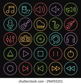 Set of Quality Universal Standard Minimal Simple Colored Neon Music Thin Line Icons on Circular Buttons on Black Background.