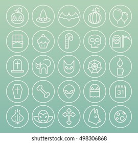 Set of Quality Universal Standard Minimal Simple Halloween White Thin Line Icons on Circular Buttons on Color Background.