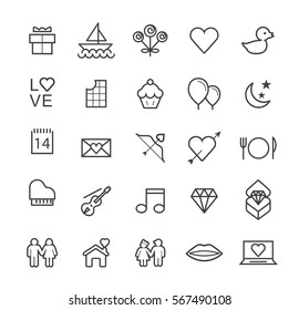 Set of Quality Universal Standard Minimal Simple Valentine's Day Black Thin Line Icons on White Background