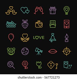 Set of Quality Universal Standard Minimal Simple Valentine's Day Color Thin Line Icons on Black Background