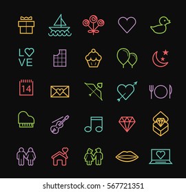 Set of Quality Universal Standard Minimal Simple Valentine's Day Color Thin Line Icons on Black Background