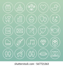 Set of Quality Universal Standard Minimal Simple Valentine's Day White Thin Line Icons on Circular Buttons on White Background