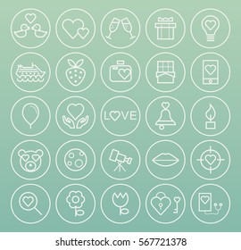 Set of Quality Universal Standard Minimal Simple Valentine's Day White Thin Line Icons on Circular Buttons on White Background