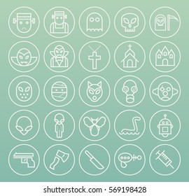 Set of Quality Universal Standard Minimal Simple Monsters White Thin Line Icons on Circular Buttons on White Background