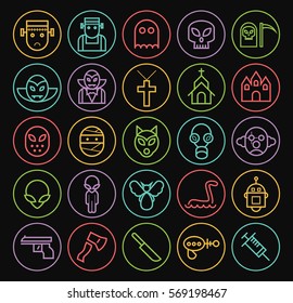 Set of Quality Universal Standard Minimal Simple Monsters Color Thin Line Icons on Circular Buttons on Black Background