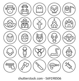 Set of Quality Universal Standard Minimal Simple Monsters Black Thin Line Icons on Circular Buttons on White Background