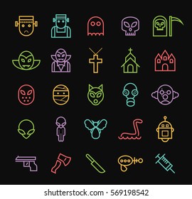 Set of Quality Universal Standard Minimal Simple Monsters Color Thin Line Icons on Black Background