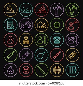 Set of Quality Universal Standard Minimal Simple Terrorism Color Thin Line Icons on Circular Buttons on Black Background