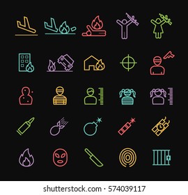 Set of Quality Universal Standard Minimal Simple Terrorism Color Thin Line Icons on Black Background