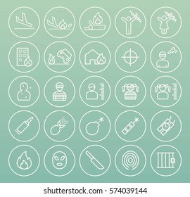 Set of Quality Universal Standard Minimal Simple Terrorism White Thin Line Icons on Circular Buttons on Color Background