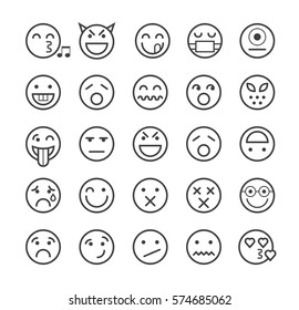 Set of Quality Universal Standard Minimal Simple Black Thin Line Emoticons on White Background