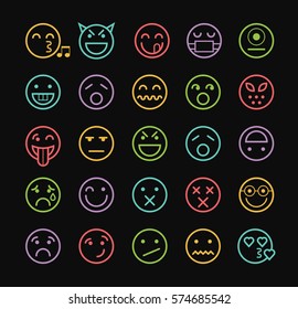 Set of Quality Universal Standard Minimal Simple Color Thin Line Emoticons on Circles on Black Background