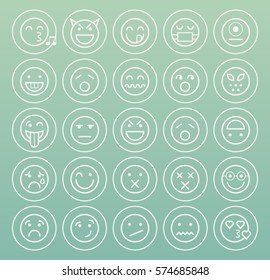 Set of Quality Universal Standard Minimal Simple White Thin Line Emoticons on Circles on Color Background