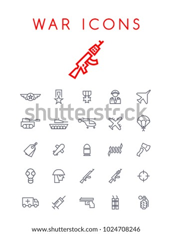 Set of Quality Universal Standard Minimal Simple War Black Thin Line Icons on White Background
