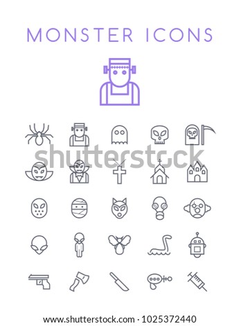 Set of Quality Universal Standard Minimal Simple Monsters Black Thin Line Icons on White Background