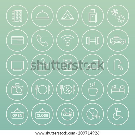 Set of Quality Universal Standard Minimal Simple Hotel White Thin Line Icons on Circular Buttons on Color Background.