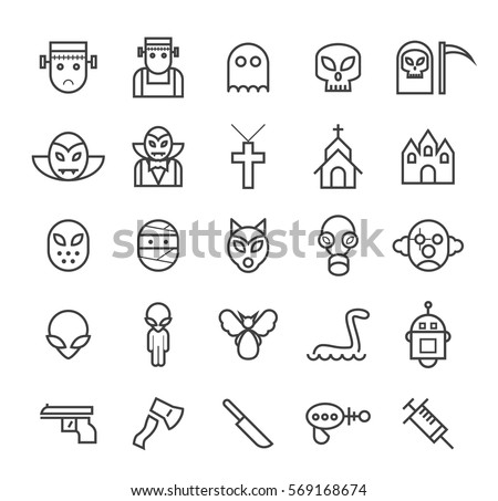 Set of Quality Universal Standard Minimal Simple Monsters Black Thin Line Icons on White Background
