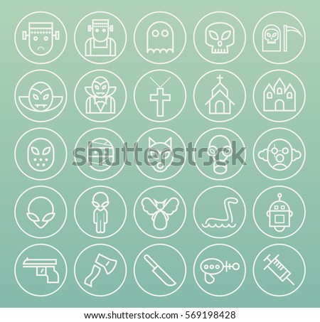 Set of Quality Universal Standard Minimal Simple Monsters White Thin Line Icons on Circular Buttons on White Background