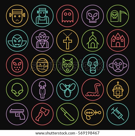 Set of Quality Universal Standard Minimal Simple Monsters Color Thin Line Icons on Circular Buttons on Black Background