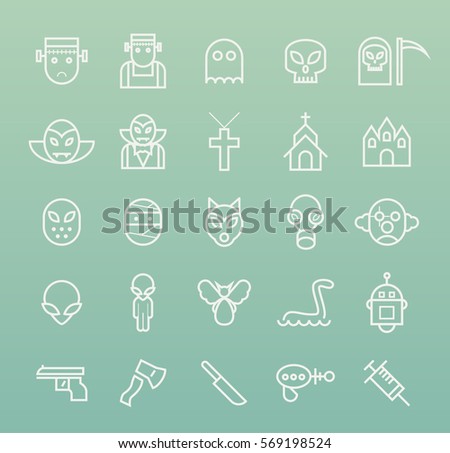 Set of Quality Universal Standard Minimal Simple Monsters White Thin Line Icons on White Background