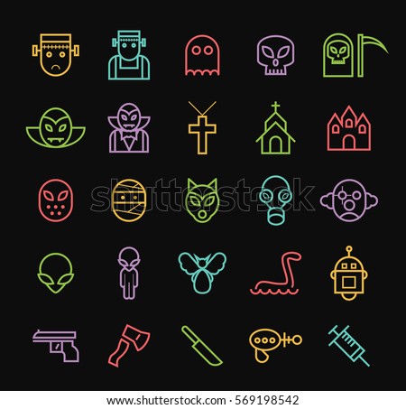 Set of Quality Universal Standard Minimal Simple Monsters Color Thin Line Icons on Black Background