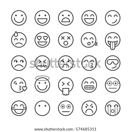 Set of Quality Universal Standard Minimal Simple Black Thin Line Emoticons on White Background