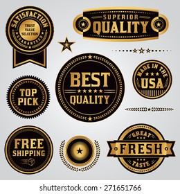 A set of quality, value, satisfaction guarantee, made in the USA, shipping, labels and badges illustrated in black and gold leaf. Vector EPS 10.