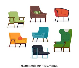 Set of quality vector illustrations on mid-century modern armchairs. Various furniture items. Chairs and seats of different style and color, isolated, on white background