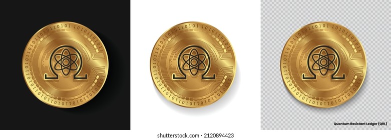 Set of Quantum Resistant Ledger QRL crypto currency logo symbol vector isolated on white, dark and transparent background. Can be used as golden coin sticker, icon, label, badge, print and emblem