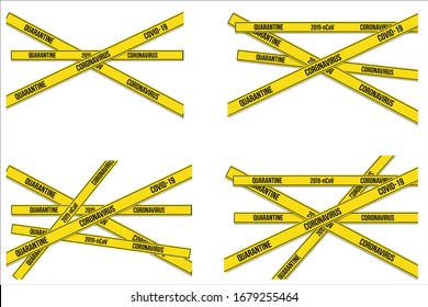 set of quarantine caution on yellow warning tape coronavirus infection wuhan 2019-nCoV pandemic health risk concept horizontal vector illustration