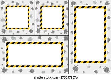 Set of quarantine frames for background. Vector black and yellow border on the white place for text