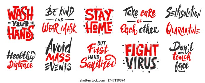 Set of quarantine hand drawn unique typography design elements for posters, decoration, prints. Handwritten motivational lettering. Modern ink brush calligraphy, healthy rules in pandemic.