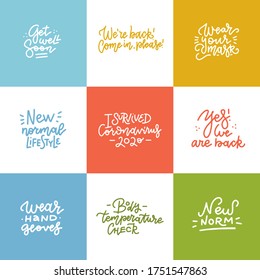 Conjunto de diseño de tipografía única dibujado a mano de cuarentena para afiches, decoración, impresiones. Grabación manuscrita motivacional. Caligrafía lineal moderna, reglas saludables en pandemia. Diseño de vectores.