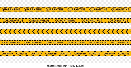 Set of quarantine stripes. Covid-19. Black and yellow warning tapes. Coronavirus danger zone. Cordon prohibition. Forbidden cross area.