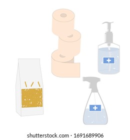 Set for quarantine. Toilet paper roll, package of pasta, sanitizer gel, disinfections spray.