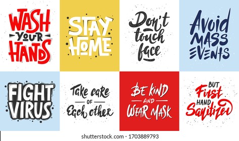 Set of quarantine vector hand drawn unique typography design for posters, decoration, prints. Handwritten motivational lettering. Modern ink brush calligraphy, healthy rules in pandemic.