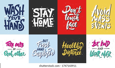 Set of quarantine vector hand drawn unique typography design for posters, decoration, prints. Handwritten motivational lettering. Modern ink brush calligraphy, healthy rules in pandemic.