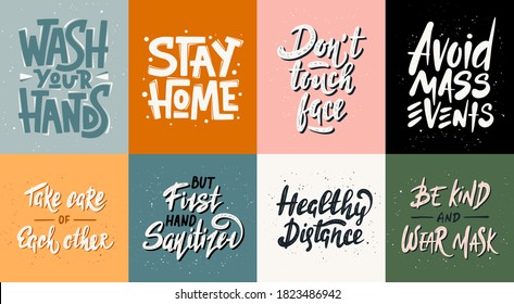 Set of quarantine vector hand drawn unique typography design for posters, decoration, prints. Handwritten motivational lettering. Modern ink brush calligraphy, healthy rules in pandemic.