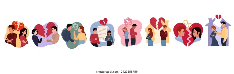Set of quarreled couples on white background. Concept of divorce