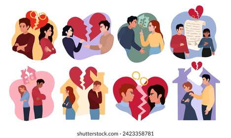 Set of quarreled couples on white background. Concept of divorce
