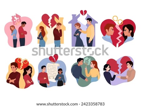 Set of quarreled couples on white background. Concept of divorce