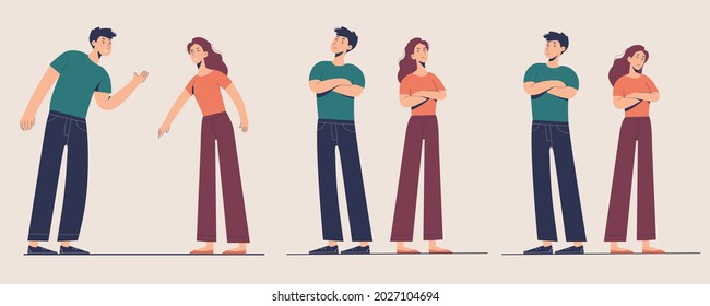 Conjunto de parejas en disputa. Problemas en las relaciones entre amigos o compañeros queridos.  Ilustración de diferentes pasos de discusión entre hombre y mujer.