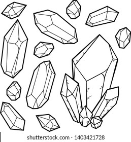 Set of quartz crystal collection isolated on white background. Crystal cluster, minerals, dimonds. Hand drawn gems sketch style.  