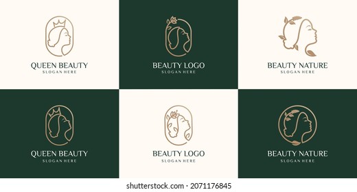 set of queen Beauty woman logo. SPA, Fashion, Makeup, Hairdressing girl Logotype concept icon linear style