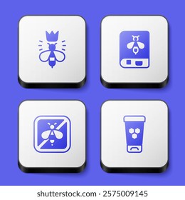 Set Queen bee, Book about, Stop and Cosmetic tube with honey icon. White square button. Vector